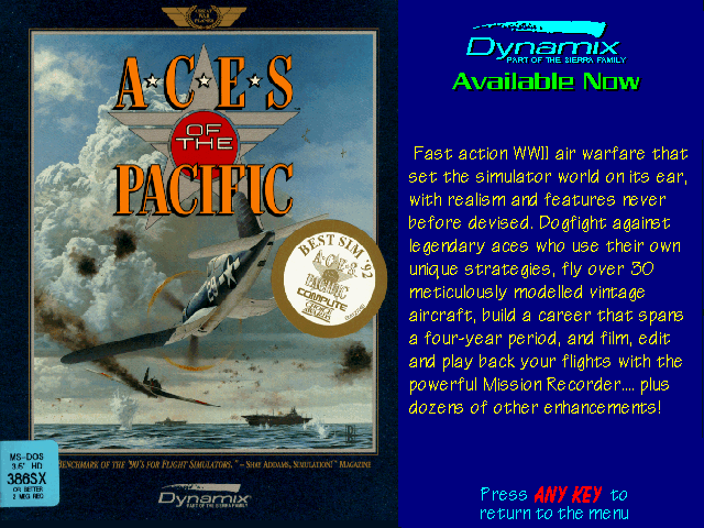 Aces of the Pacific Screenshot (Sierra's Sneak Peeks (1993)): Self Running Screen Display AUTODEMO/AOTP.PCX
