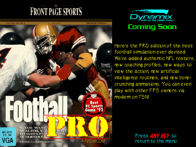 Front Page Sports: Football Pro Other (Sierra's Sneak Peeks (1993)): Self Running Screen Display AUTODEMO/FPSFB.PCX