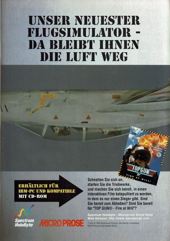 Top Gun: Fire at Will! Magazine Advertisement (Magazine Advertisements): PC Player (Germany), Issue 02/1996