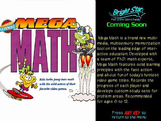 Turbo Learning: Mega Math Other (Sierra's Sneak Peeks (1993)): Self Running Display Screen AUTODEMO/MEGAMATH.PCX