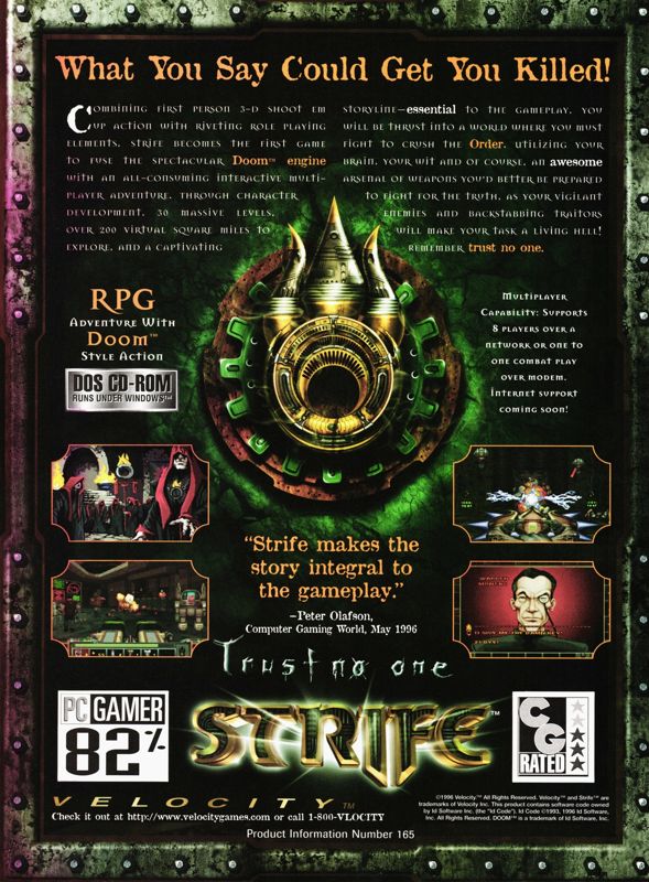 Strife Magazine Advertisement (Magazine Advertisements): PC Gamer (U.S.), Issue 28 (September, 1996)