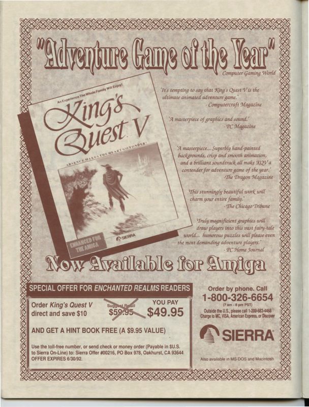 King's Quest V: Absence Makes the Heart Go Yonder! Magazine Advertisement (Magazine Advertisements):<br> Enchanted Realms (United States), Issue #9 (Jan./Feb. 1992)