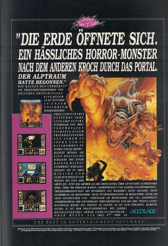 Elvira II: The Jaws of Cerberus Magazine Advertisement (Magazine Advertisements): Amiga Joker (Germany), Issue 4/1992