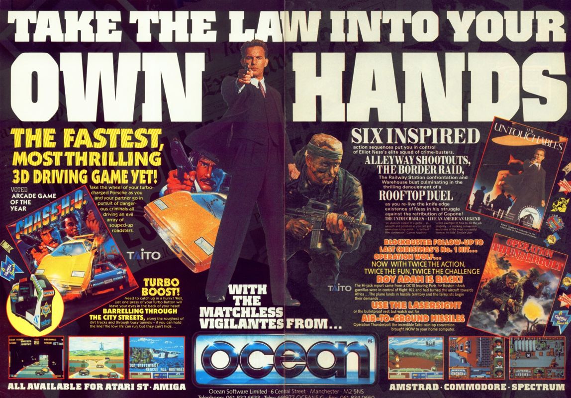 Chase H.Q. Magazine Advertisement (Magazine Advertisements): CU Amiga Magazine (United Kingdom), Issue #1 (March 1990) Pages 2-3