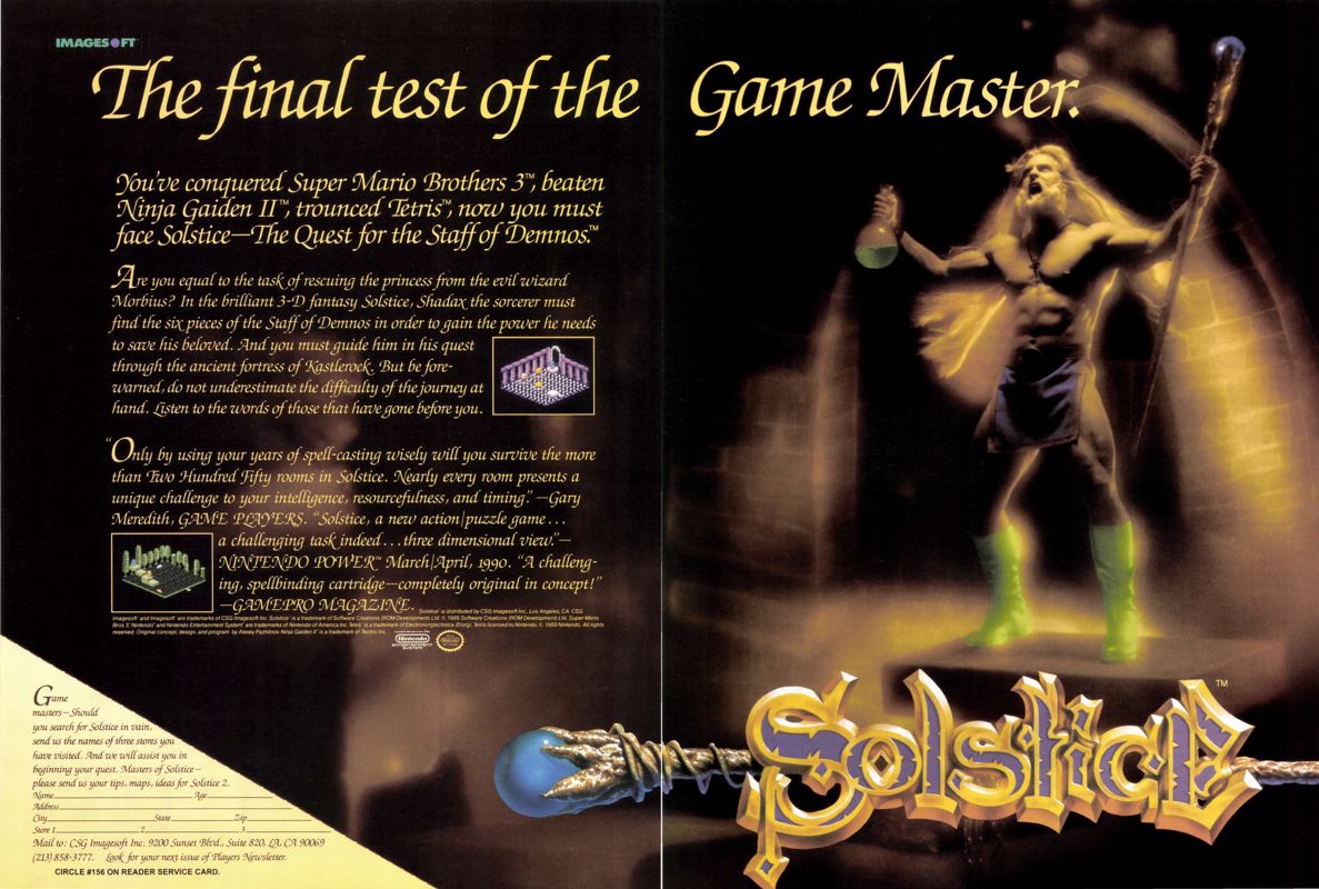 Solstice: The Quest for the Staff of Demnos Magazine Advertisement (Magazine Advertisements): VideoGames & Computer Entertainment (United States), Issue 24 (January 1991)