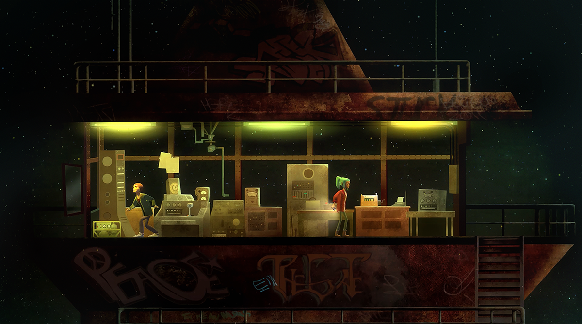 Oxenfree Screenshot (Night School Studios Press Kit Release (October 2014)): Harden Tower Searching for clues.