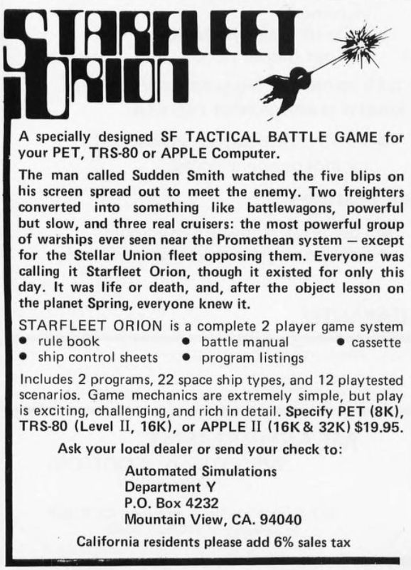 Starfleet Orion Magazine Advertisement (Magazine Advertisements): BYTE Magazine, August 1979, page 184