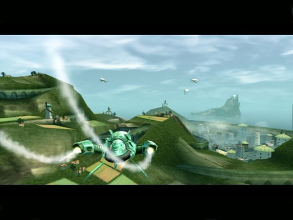 Beyond Good & Evil Screenshot (Ubisoft E3 Press Kit Disc 2: Games 2002): Spaceship flying down (PS2)
