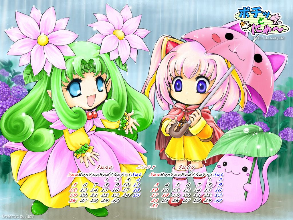 Pochi and Nyaa Wallpaper (Desktop accessories): 2005年6月・7月カレンダー壁紙 雨の多い季節、梅雨も紫陽花や花菖蒲など花盛り。 お気に入りの傘を持って出かけてみない？ 6月・7月のカレンダー付。