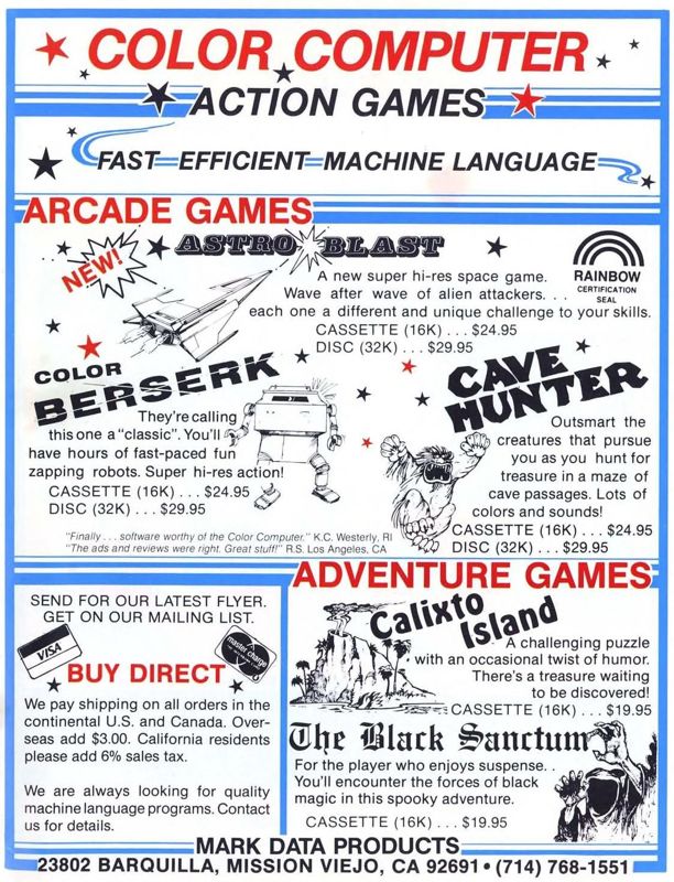 Cave Hunter Magazine Advertisement (Magazine Advertisements): Rainbow Magazine (United States) Volume 2 Number 4 (October 1982)