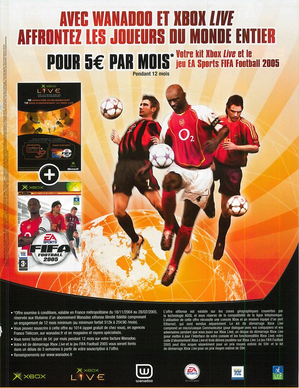 FIFA Soccer 2005 Magazine Advertisement (Magazine Advertisements): Xbox : Le Magazine Officiel (France), Issue 38 (February 2005)