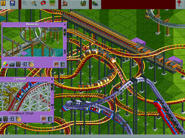 RollerCoaster Tycoon Screenshot (RollerCoaster Tycoon Concept Art, Official Website, 1999): Even earlier build of game. No peeps, paths, or rides besides roller coasters.