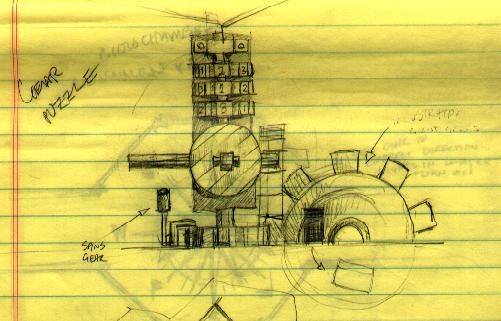 Myst Concept Art (Official website design sketches): Gears Early design sketch of the gear puzzle on Myst Island