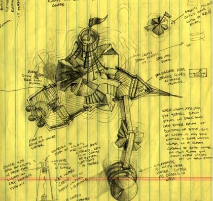 Myst Concept Art (Official website design sketches): Stoneship Early drawing of the Stoneship Age layout