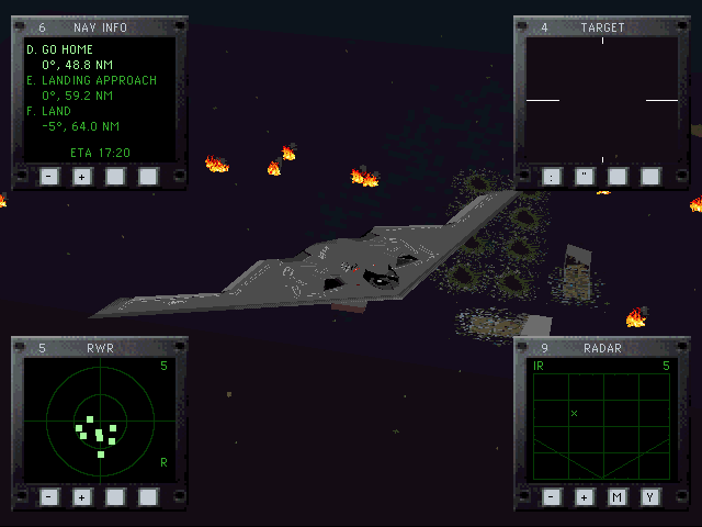 Jane's Combat Simulations: ATF - Advanced Tactical Fighters Screenshot (Jane's Combat Simulations website, 1997): The calling card of the B-2b Spirit is a bright series of burning structures and personnel.