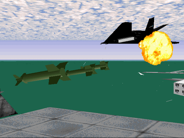 Jane's Combat Simulations: ATF - Advanced Tactical Fighters Screenshot (Jane's Combat Simulations website, 1997): A trio of laser-guided bombs walking their way into the mouth of an aircraft hanger. This will definately leave a mark.