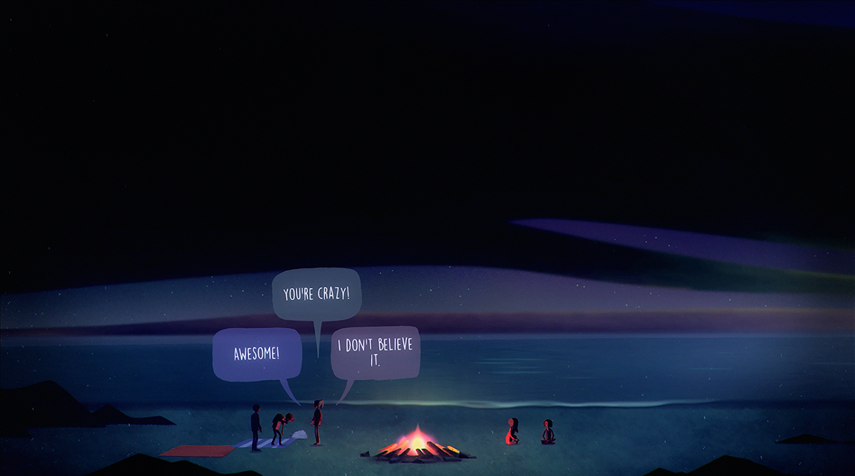Oxenfree Screenshot (Night School Studios Press Kit Release (October 2014)): Beach Alex scolding Ren.