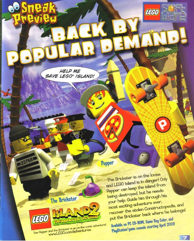 LEGO Island 2: The Brickster's Revenge Magazine Advertisement (Magazine Advertisements): LEGO Mania Magazine (US), January-February 2001 Issue Page 7