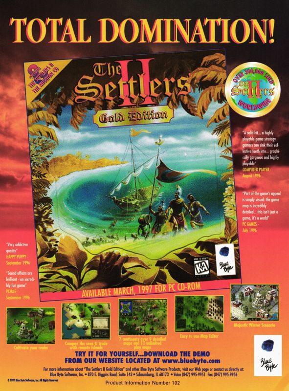 The Settlers II: Gold Edition Magazine Advertisement (Magazine Advertisements): PC Gamer (U.S.), Issue 35 (April, 1997)