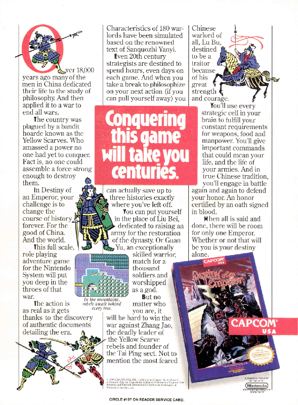 Destiny of an Emperor Magazine Advertisement (Magazine Advertisements): VideoGames & Computer Entertainment (United States), Issue 24 (January 1991)