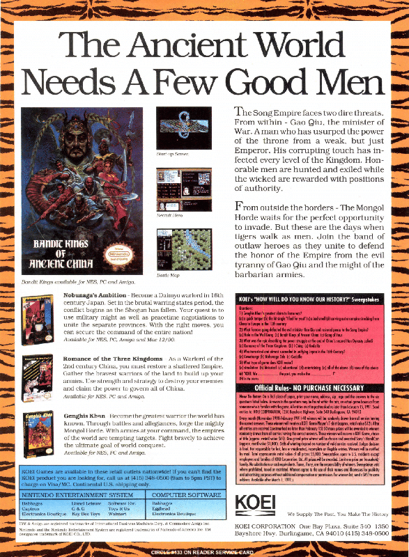 Romance of the Three Kingdoms Magazine Advertisement (Magazine Advertisements): VideoGames & Computer Entertainment (United States), Issue 24 (January 1991)