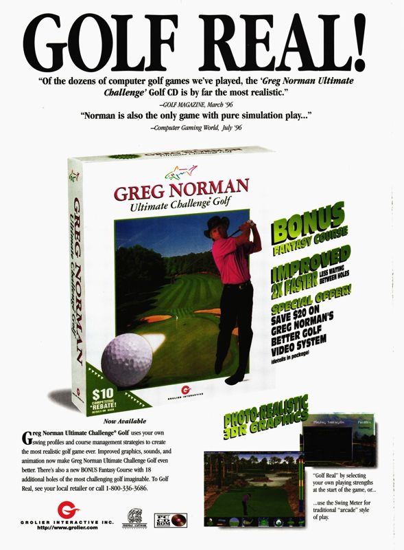 Greg Norman Ultimate Challenge Golf Magazine Advertisement (Magazine Advertisements): PC Gamer (U.S.), Issue 28 (September, 1996)
