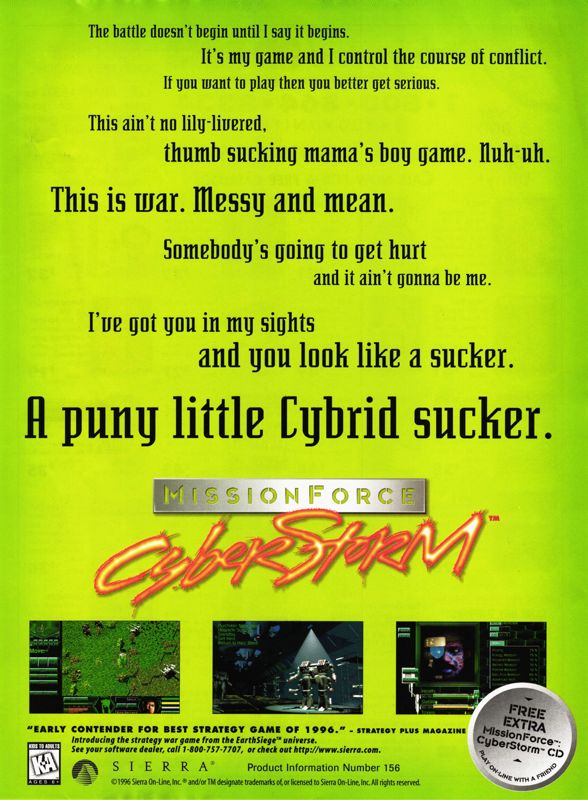 MissionForce: CyberStorm Magazine Advertisement (Magazine Advertisements): PC Gamer (U.S.), Issue 28 (September, 1996)