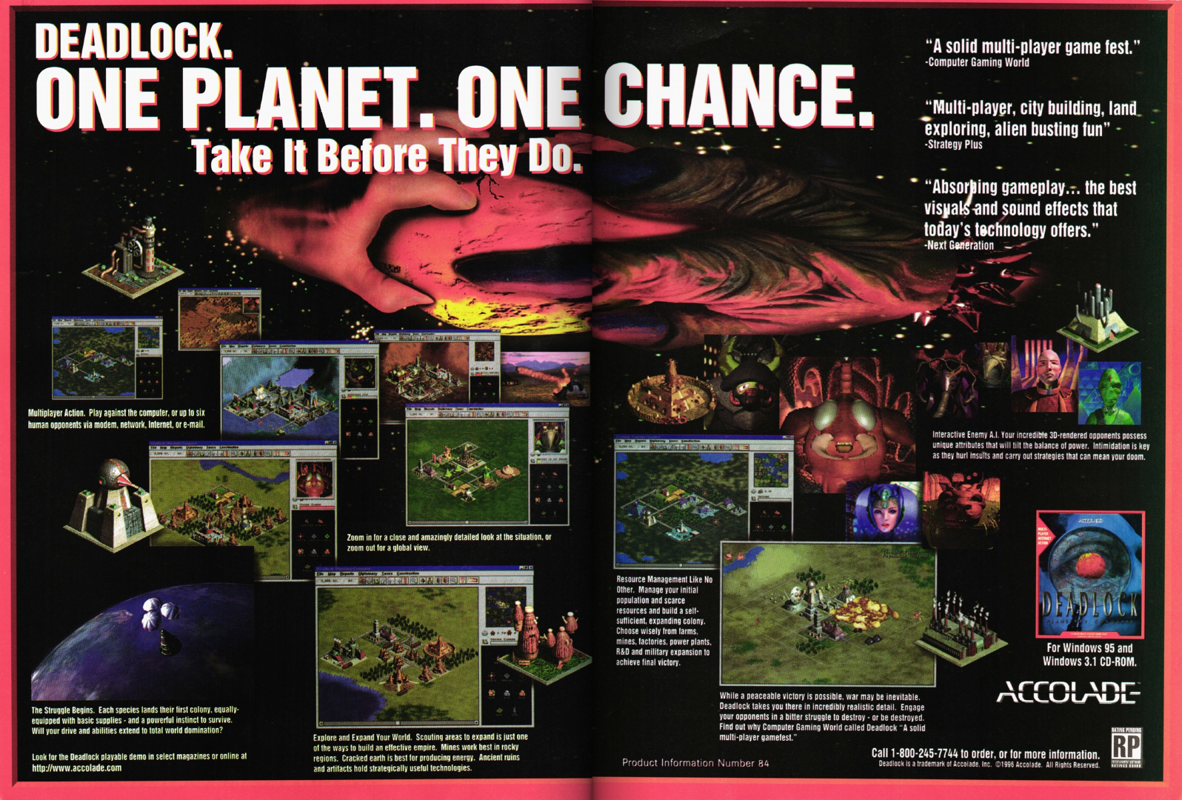 Deadlock: Planetary Conquest Magazine Advertisement (Magazine Advertisements): PC Gamer (U.S.), Issue 28 (September, 1996)