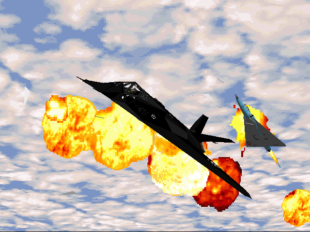 Jane's Combat Simulations: ATF - Advanced Tactical Fighters Screenshot (Jane's Combat Simulations website, 1997): The F-117 Nighthawk taking heavy fire. Apparently stealth technology was not properly employed here.