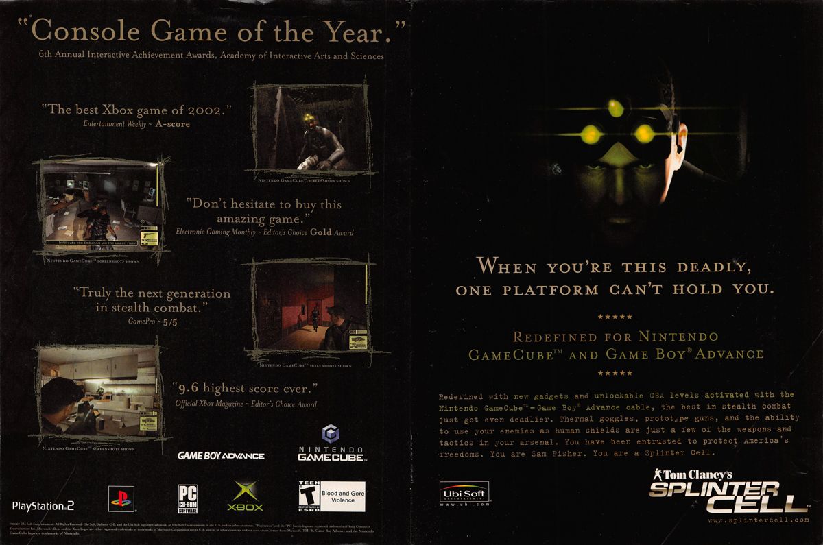 Tom Clancy's Splinter Cell Magazine Advertisement (Magazine Advertisements): Nintendo Power #170 (July/August 2003), pages 4-5