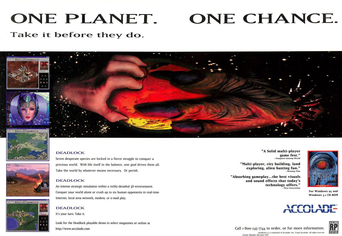 Deadlock: Planetary Conquest Magazine Advertisement (Magazine Advertisements): Computer Gaming World (United States), Issue No. 142 (May 1996) p. 219-220 (2 page ad)