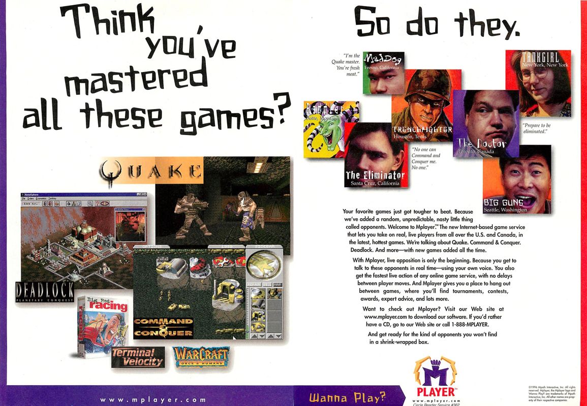 Deadlock: Planetary Conquest Magazine Advertisement (Magazine Advertisements): Computer Gaming World (United States), Issue No. 149 (December 1996) p. 54-55 (Mentioned on a 2 page Mplayer ad)