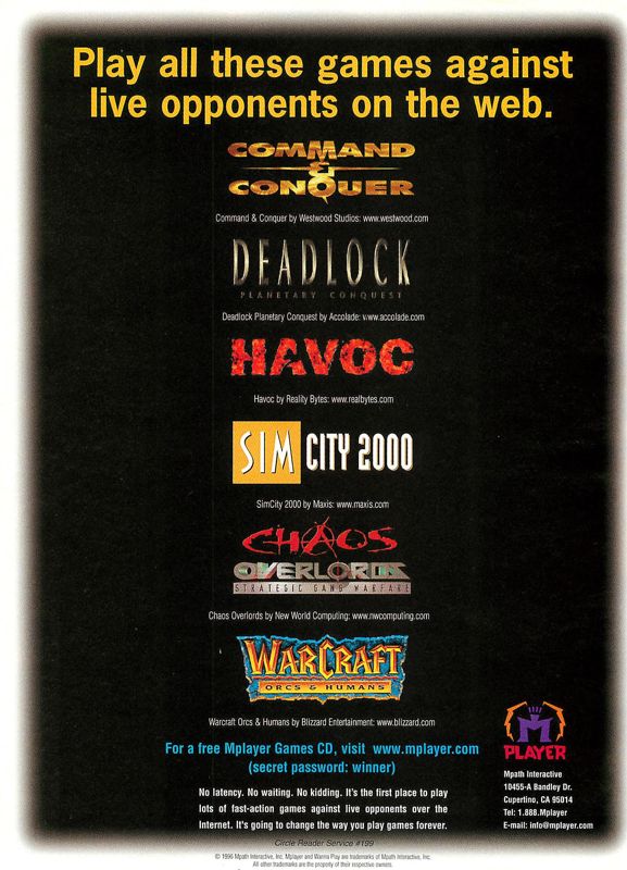 Deadlock: Planetary Conquest Magazine Advertisement (Magazine Advertisements): Computer Gaming World (United States), Issue No. 144 (July 1996) p. 57 (Mentioned (with logo) on an Mplayer ad)