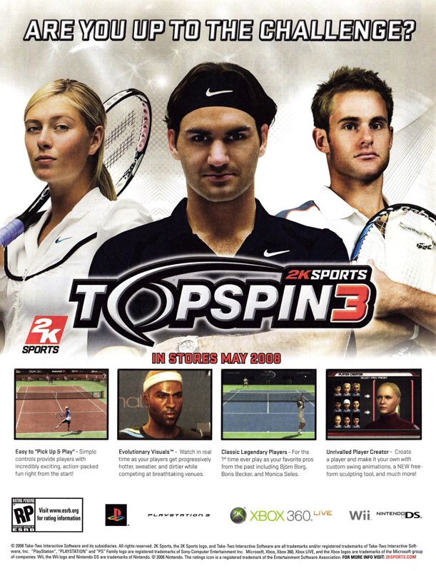 Top Spin 3 Magazine Advertisement (Magazine Advertisements): Nintendo Power #227 (April 2008), page 15