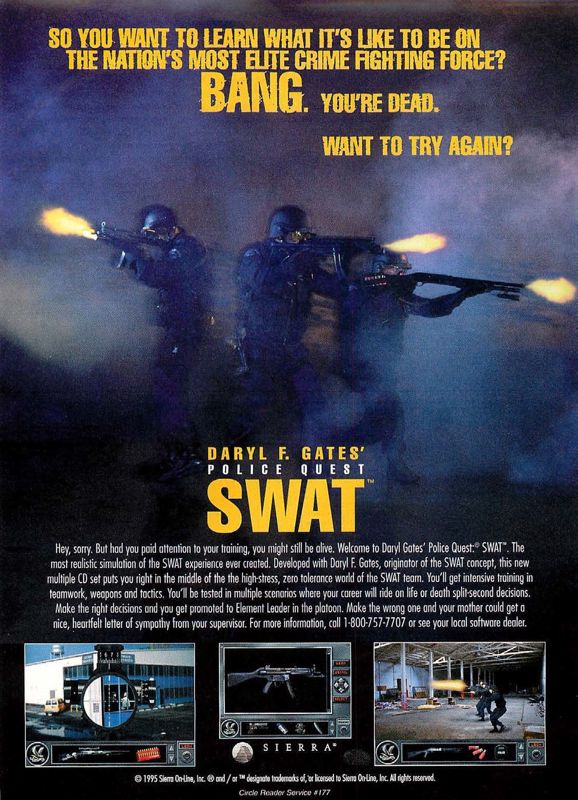 Daryl F. Gates' Police Quest: SWAT Magazine Advertisement (Magazine Advertisements):<br> Computer Gaming World (US), Issue 135 (October 1995)