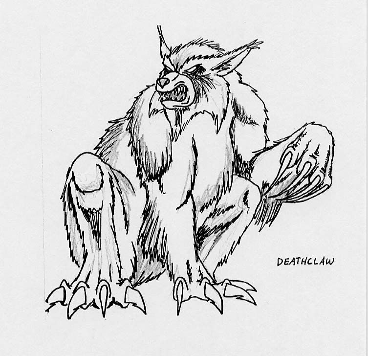 Fallout Concept Art (GOG.com): Deathclaw Original Deathclaw concept art, by Scott Campbell.From Chris Avellone's Fallout Bible 7.Downloaded from Duck and Cover.