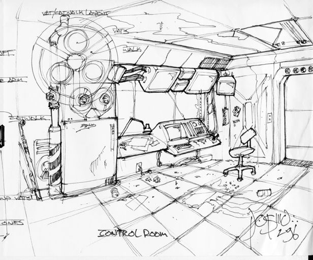 Fallout Concept Art (Conceptual Art): Control Room (02/96) By Tony Postma (Conceptual Artist). Downloaded from No Mutants Allowed