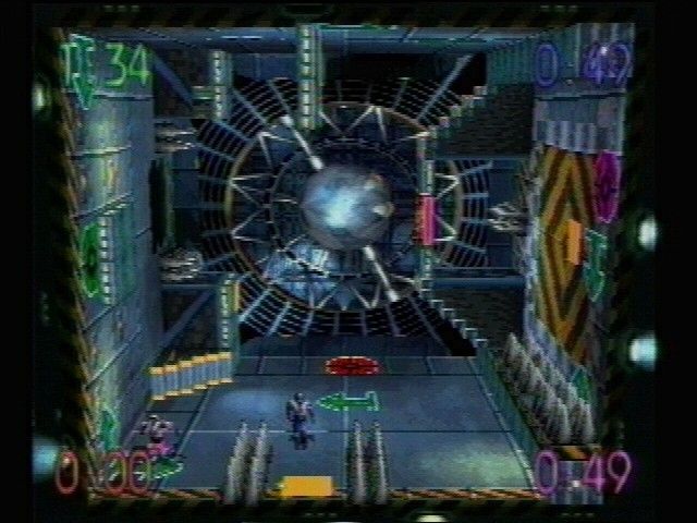 Blast Chamber Screenshot (Activision E3 1996 Press Kit): In a mad scramble, players run towards one of four directional pads that rotate the room, turning walls into floor and floors into ceilings.