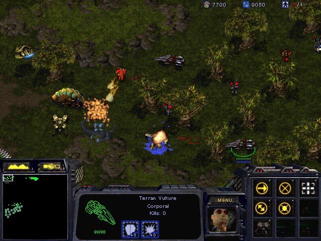 StarCraft Screenshot (Blizzard Entertainment website, early 1998): Terran infantry ambush a Protoss patrol.