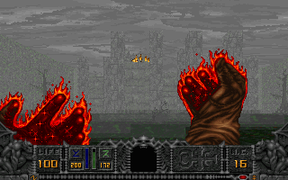 Hexen: Beyond Heretic Screenshot (Preview, 1995-08-31): This is the Cleric character conjuring the Firestorm spell in a place called Darkmere.