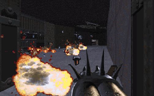 Eradicator Screenshot (Accolade website, 1998): Many Deadly Weapons: Twice as many weapons as any other shooter, including deadly weapons like the fast spider bomb.