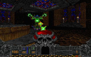 Hexen: Beyond Heretic Screenshot (Preview, 1995-08-31): A Dark Bishop is attacking the Mage, who is about to deal some death with Bloodscourge.