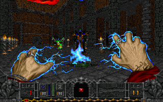 Hexen: Beyond Heretic Screenshot (Preview, 1995-08-31): The Mage is launching the Arc of Death at a Dark Bishop.