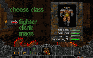 Hexen: Beyond Heretic Screenshot (Preview, 1995-08-31): In the menu system, you choose your character by examining his stats.