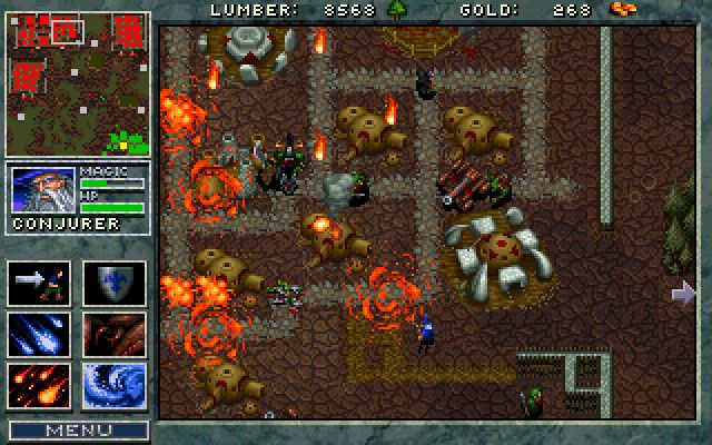 WarCraft: Orcs & Humans Screenshot (Blizzard Entertainment website, 1997): A Human Conjurer calls down a rain of fire on an Orcish settlement.
