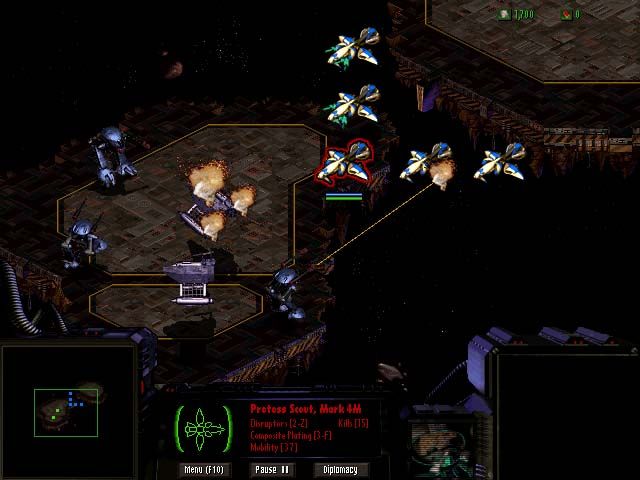 StarCraft Screenshot (Blizzard Entertainment website, 1996): Protoss scouts conduct a raid on a Terran mining facility.