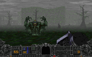 Hexen: Beyond Heretic Screenshot (Preview, 1995-08-31): There's a Stalker blasting out of the swamp! Give him a taste of the Hammer of Retribution!