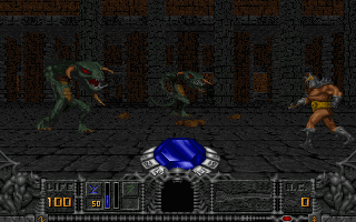 Hexen: Beyond Heretic Screenshot (Preview, 1995-08-31): A multiplayer shot, you are the Mage about to attack two Chaos Serpents (which D'Sparil rode in Heretic) that are focusing on the Warrior buddy of yours.