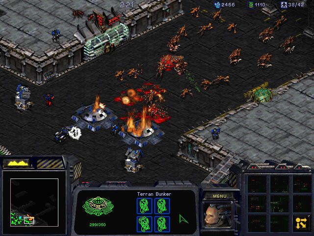 StarCraft Screenshot (Blizzard Entertainment website, 2000): A handful of Terran troops tries to hold off a Zerg assault until help arrives