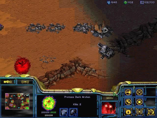 StarCraft: Brood War Screenshot (Blizzard Entertainment website, 2000): A Dark Archon moves towards the last enemy Siege Tank...